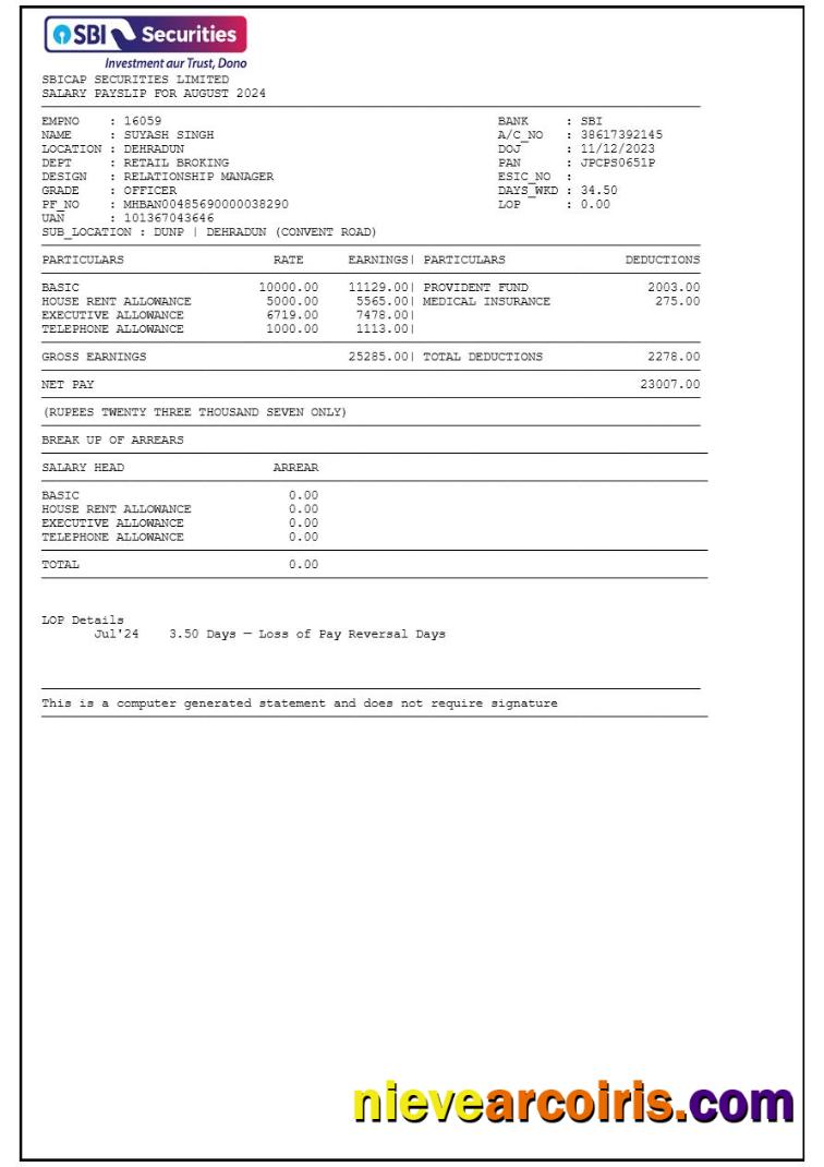 SBICAP Securities payslip